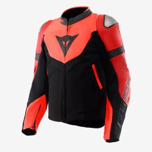 May include: A black and red motorcycle jacket with a stand-up collar and a zipper closure. The jacket features a prominent black triangle logo on the chest and silver shoulder pads. The sleeves have the brand name printed in gray.