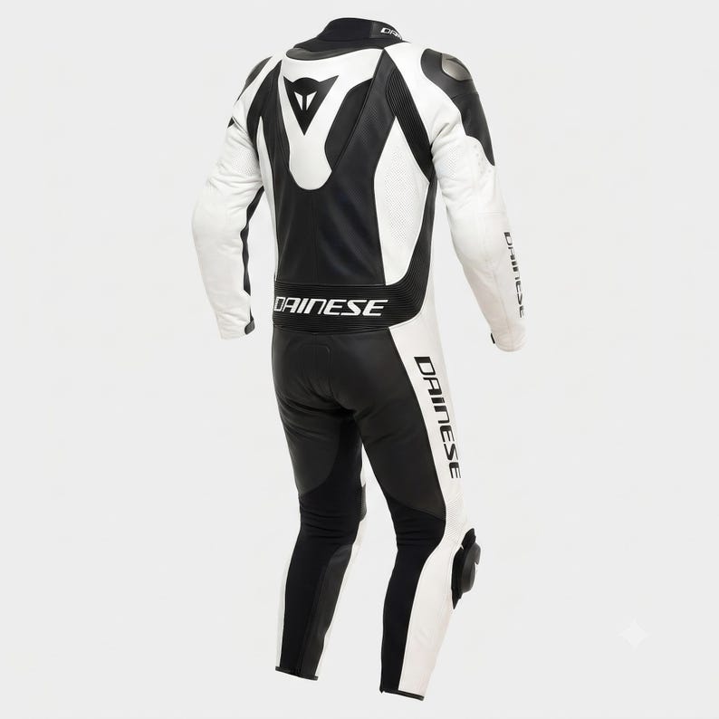 以下が含まれることがあります： 胸と脚に「DAINESE」のブランド名がプリントされた、白と黒のオートバイレーススーツ。腕、肩、脚には白いパネル、胴体と脚の内側には黒いパネルが付いています。肩と膝には保護パッドが付いています。