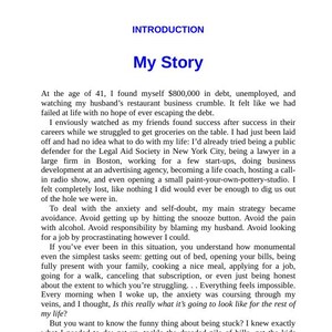 Może przedstawiać: Biała strona z tytułem "My Story" w kolorze niebieskim, pod nagł&oacute;wkiem "INTRODUCTION". Tekst opisuje osobistą relację zmagania finansowego, bezrobocia i poszukiwania rozwiązań. Tekst jest czarny.