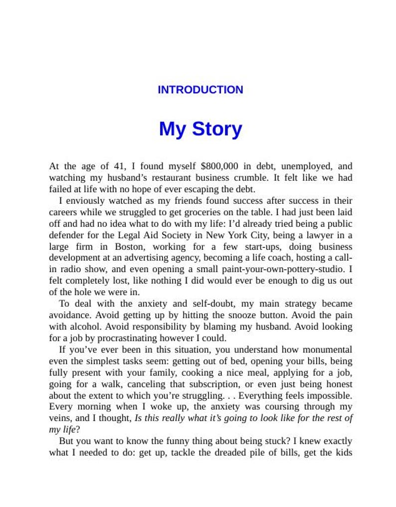 Może przedstawiać: Biała strona z tytułem "My Story" w kolorze niebieskim, pod nagł&oacute;wkiem "INTRODUCTION". Tekst opisuje osobistą relację zmagania finansowego, bezrobocia i poszukiwania rozwiązań. Tekst jest czarny.