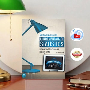Puede incluir: El libro de texto Fundamentals of Statistics, sexta edición de Michael Sullivan III, presenta una ilustración de una lámpara de escritorio azul y una tableta que muestra una fórmula estadística en la portada, sobre un fondo claro.