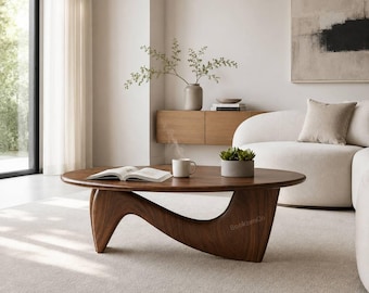 Mesa de centro orgánica de madera maciza, mesa de centro escultural hecha a mano para sala de estar, mesa de centro baja rústica moderna.