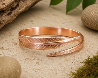 Pure Copper Feather Cuff Bracelet, Adjustable Open Bangle, Lightweight Wrist Cuff