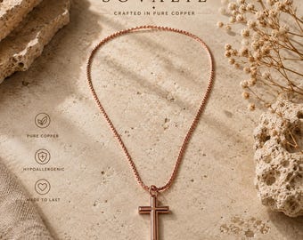 Collar con cruz de cobre puro, cadena de hueso de dragón de 61 cm, colgante de cruz cristiana