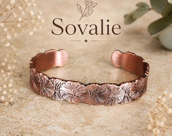 Bracciale a forma di foglia di Ginkgo in rame puro, largo 15 mm, polsino regolabile, gioiello botanico in rame.