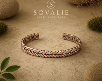 Bracciale magnetico Sovalie tricolore in rame / Bracciale regolabile con 6 magneti / Intreccio in rame, argento e oro