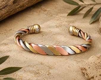 Bracciale magnetico tricolore in rame – Bracciale rigido intrecciato in rame per uomo e donna