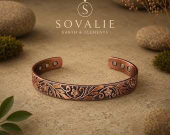 Bracciale rigido magnetico Sovalie con motivo floreale in rame / Bracciale aperto regolabile / Gioielli in rame con 6 magneti