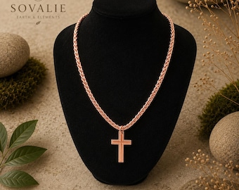 Collana con croce in rame puro / Catena in osso di drago da 5 mm / 20", 22" o 24"