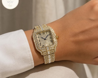 Iced Out Square Watch for Men, Crystal Rhinestone Bracelet Watch, Gold Silver Rose Gold Bling Gift Watch