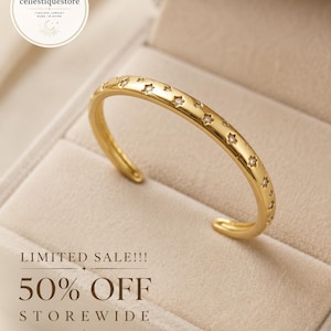 Star Cuff Bracelet, Gold or Silver Tone Open Bangle, Dainty Crystal Celestial Bracelet, Minimalist Gift for Her