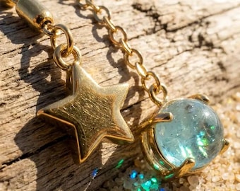 Gold Layered Charm Necklace with Celestial Charms and Colorful Stones, Sun Moon Star Boho Beach Necklace Gift for Her