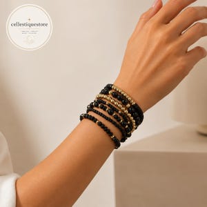Boho Beaded Bracelet Stack, Multi-Piece Stretch Bracelet Set, Black Gold or Brown Amber
