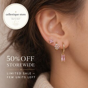 3 Piece Single Ear Stack, Gold Butterfly Stud, Crystal Huggie & Rectangle Drop Earring Set, Pink Amber or Black