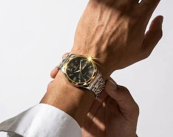Zweifarbige Quarzuhr mit schwarzem Zifferblatt, elegante gold-silberne Armbanduhr, wasserdichtes Armband, Geschenk für ihn