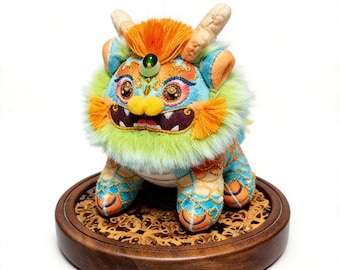 Handmade Water Kirin Plush Toy, Embroidered Chinese Mythical Beast Qilin Doll, Asian Folklore Art, Protection Amulet Feng Shui Ornament