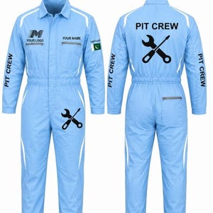 May include: A light blue jumpsuit featuring white accents, a collar, and long sleeves. The front displays the text M, YOUR LOGO, YOUR NAME, and a wrench and screwdriver graphic. The back features PIT CREW text and a wrench and screwdriver graphic.