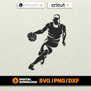 May include: Black silhouette of a basketball player dribbling the ball. The image includes the words "silhouette" and "cricut" with checkmarks, and the words "DIGITAL DOWNLOAD" and "SVG / PNG / DXF".