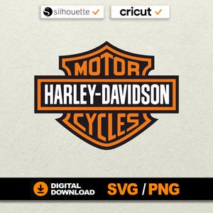 Może przedstawiać: Pomarańczowo-czarne logo Harley-Davidson Cycles. Projekt zawiera słowa "MOTOR HARLEY-DAVIDSON CYCLES" w kształcie tarczy. Zawiera tekst "POBIERANIE CYFROWE" i "SVG / PNG".