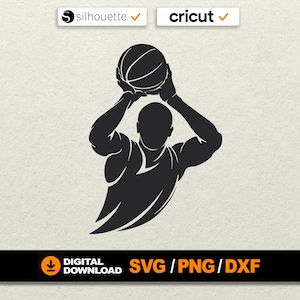 May include: Black silhouette of a basketball player in action, holding a basketball above their head. The image includes the words "silhouette" and "cricut" with checkmarks, and "DIGITAL DOWNLOAD SVG / PNG / DXF".