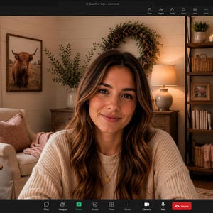 May include: A video conference interface showing a person with long brown hair wearing a beige sweater. The background features a room with a framed highland cow print, a beige armchair, a table lamp, and a tall wooden shelving unit with books.