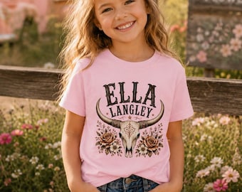 Ella Langley-jeugdshirt, comfortkleuren 9018 kindert-shirt, afbeelding western koeienschedel, countrymuziek meisjesshirt, rodeo-shirt met bloemen