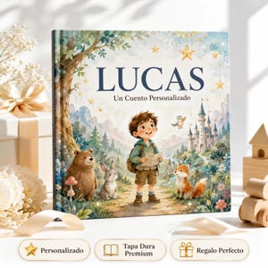 May include: A hardback book titled LUCAS Un Cuento Personalizado featuring a watercolour illustration of a child with a backpack and map, a bear, a rabbit, a fox, and a castle in a forest setting with gold stars in the sky.