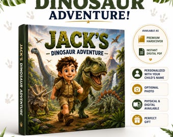 Könnte beinhalten: Ein personalisiertes Kinderbuch mit dem Titel Jack's Dinosaur Adventure, das ein Kind in Entdeckerkleidung zeigt, das mit einem T-Rex, einem Triceratops und einem Stegosaurus durch einen prähistorischen Dschungel mit Vulkan und Wasserfall läuft.