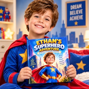 May include: A hardback book titled Ethan's Superhero Adventure featuring a blue and red superhero costume on the cover, with text reading Big Dreams Bring Greater Possibilities and Braver Kinder Stronger A Brighter Tomorrow against a city skyline.