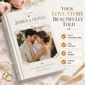 May include: A white hardback photo book titled "James & Olivia A Love Story" featuring a central photograph of a couple, gold decorative borders, and text reading "Your Love Story Beautifully Told" alongside a list of personalised features.