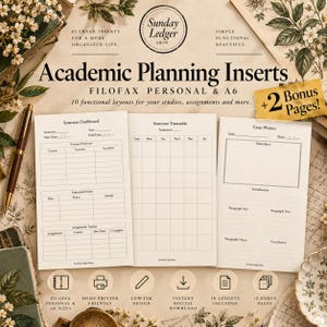 Puede incluir: Insertos de planificación académica para Filofax Personal y A6. El set incluye 10 diseños funcionales como un panel de semestre, horario semestral y planificador de ensayos. El texto incluye Sunday Ledger Shop y +2 Bonus Pages!