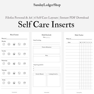 Puede incluir: Un conjunto de insertos para planificador imprimibles en blanco y negro titulados Self Care Inserts de SundayLedgerShop. El diseño incluye un rastreador de estado de ánimo con caras sonrientes, gratitud diaria y un rastreador de hábitos.
