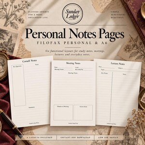 Könnte beinhalten: Drei weiße Planer-Einlagen für Filofax Personal und A6-Ringbücher. Die Seiten enthalten schwarz gedruckten Text und Linien für Cornell-Notizen, Besprechungsnotizen und Vorlesungsnotizen mit jeweils spezifischen Bereichen.