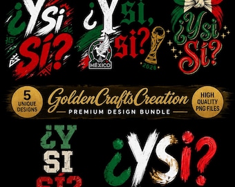 Può includere: Un pacchetto di design digitali che include cinque varianti grafiche uniche della frase ¿Y si? nei colori rosso, bianco e verde. I design incorporano elementi come l'emblema nazionale del Messico, un trofeo e un fiocco, su sfondo nero.