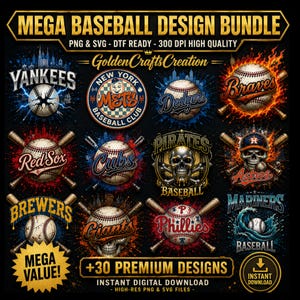 35+ Mega Baseball Bundle, Premium Sports PNG Clipart, Distressed Baseball Team T-shirt Designs, Urban Skull Baseball Sublimation Digital File