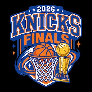 May include: A graphic design featuring the text 2026 KNICKS FINALS in blue and orange. The image includes a basketball passing through a white net, a gold championship trophy, and stylized star accents set against a dark background.