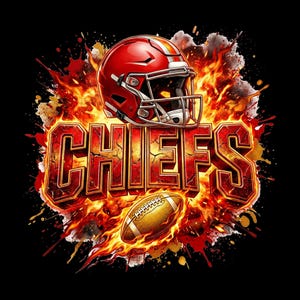 May include: A graphic design featuring a red football helmet positioned above the word CHIEFS in bold, cracked, red and orange lettering. A brown football is centered below the text, all surrounded by vibrant orange and yellow flames.