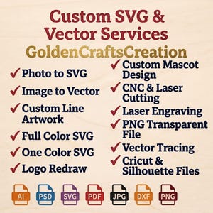 Servicio de diseño personalizado de SVG y vectores / Conversión de fotos a vectores / Diseño de logotipos de mascotas / Archivos para corte y grabado láser / Archivos PNG y DXF para Cricut
