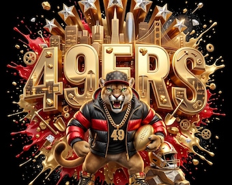 May include: A graphic illustration featuring a mountain lion wearing a black and red puffer jacket, a gold chain, and a cap, holding a football. The text 49ERS is displayed in large gold letters against a background of red and gold paint splashes.