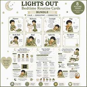 May include: A digital bundle of 8 printable bedtime routine cards and 3 instruction pages titled Lights Out. The cards feature illustrations of a child in pajamas performing tasks like brushing teeth, reading, and hugging a teddy bear, with text.
