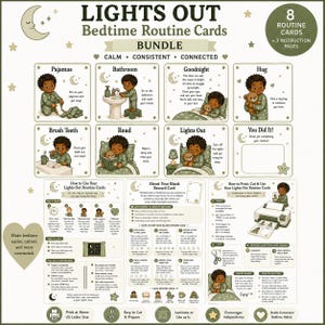 Può includere: Un set di 8 schede stampabili per la routine della buonanotte e 3 pagine di istruzioni intitolate Lights Out. Le schede presentano illustrazioni di un bambino in pigiama verde che svolge attività come lavarsi i denti e leggere, con testo.
