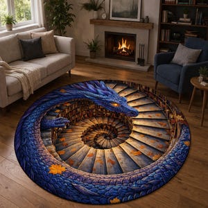 Op de afbeelding: Een rond vloerkleed met een 3D-illustratie van een blauwe draak die om een wenteltrap met boekenplanken is gewikkeld. Het ontwerp bevat verspreide oranje herfstbladeren op de treden en de draak heeft gloeiende oranje ogen.