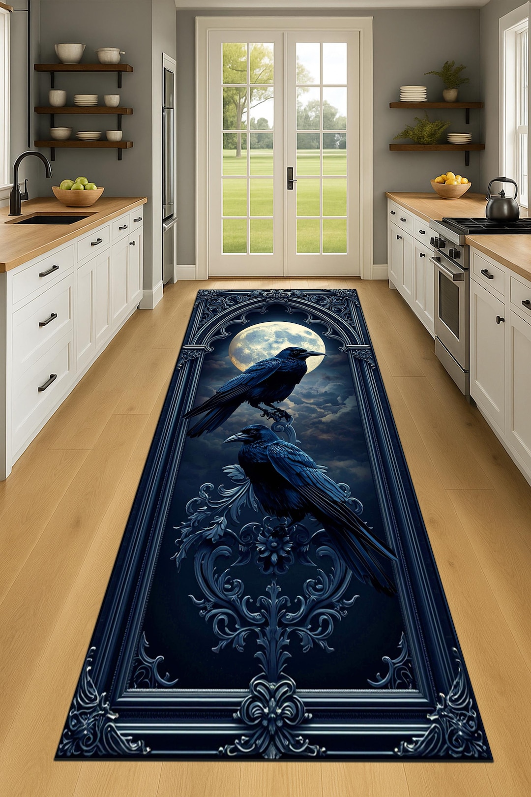 Raven Gothic Runner Rug – Vintage Crow Corridor Carpet With Baroque ...