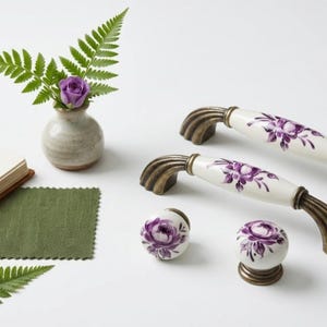 Handmade Porcelain Cabinet Knobs, Antique Gold Chrome Pulls