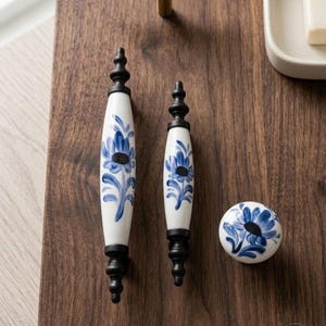 Hand-Painted Porcelain Cabinet Knobs, Blue Floral Drawer Pulls, Antique Gold Hardware