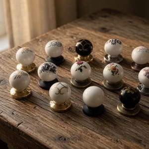 Peut inclure: Une collection de boutons de meubles décoratifs avec divers motifs. Les boutons présentent des accents blancs, noirs et dorés, avec des motifs floraux et géométriques. Ils sont disposés sur une surface en bois rustique, mettant en valeur leurs styles variés.