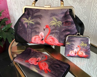 Tasche Serie 3, Flamingo, retro, Orange, eklektisch, nostalgisch, illustrierte, Valentin, rockabilly, boudoir, glam, Mädchen Geschenk