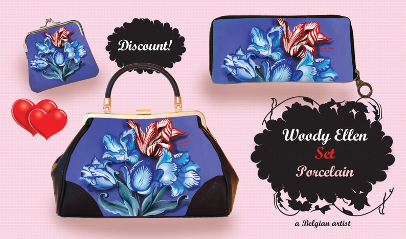 Tasche Serie, Porcelan Rot, Blau,retro, Tulpe, eklektisch, nostalgisch, illustrierte, Vogel, Valentin, rockabilly, boudoir, glam Bild 2