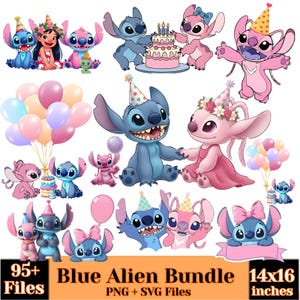 May include: A digital collection of 95+ files featuring blue and pink alien characters in various birthday-themed poses with balloons, cakes, and party hats. The text at the bottom reads 95+ Files, Blue Alien Bundle, PNG + SVG Files, 14x16 inches.