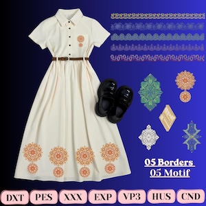 Könnte beinhalten: Ein cremefarbenes Kurzarm-Hemdkleid mit braunem Gürtel, verziert mit orangefarbenen und goldenen kreisförmigen Stickereien am Saum und an der Brusttasche. Enthält schwarze Slipper, fünf Zierbordüren, fünf Motive und den Text 05 Borders 05 Motif.